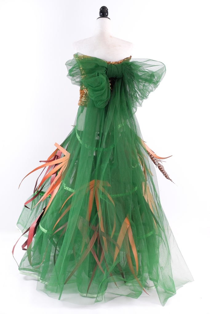 Cuerpo elástico lentejuela dorada + falda cancan con plumas colores madera