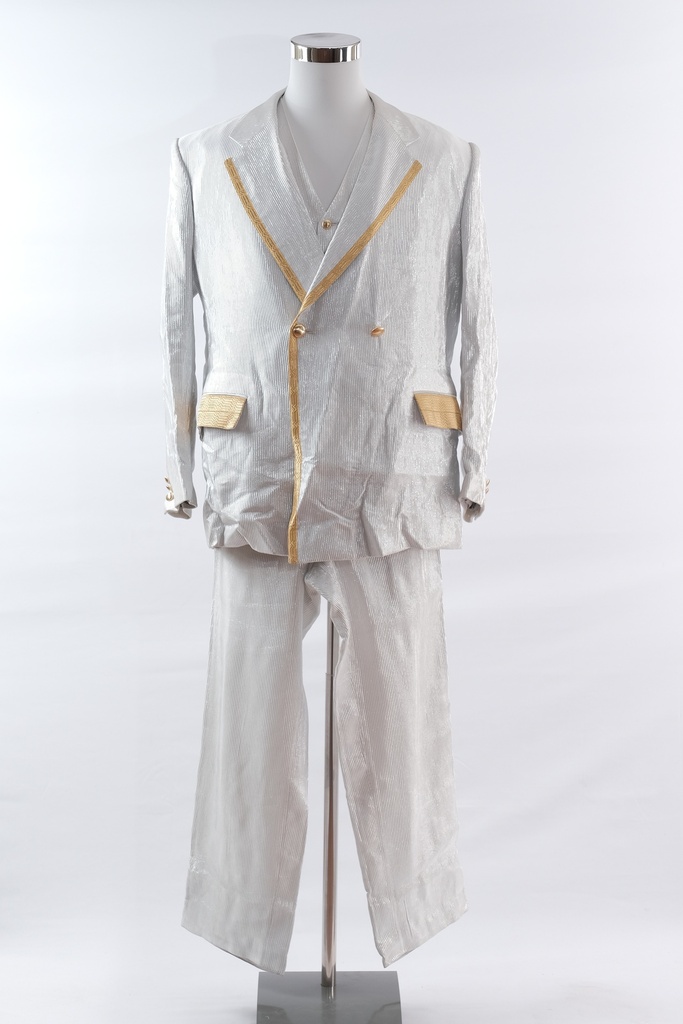 Traje de chaqueta plateado rayas ribete dorado+ pantalón+ chaleco
