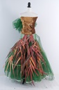 Cuerpo elástico lentejuela dorada + falda cancan con plumas colores madera