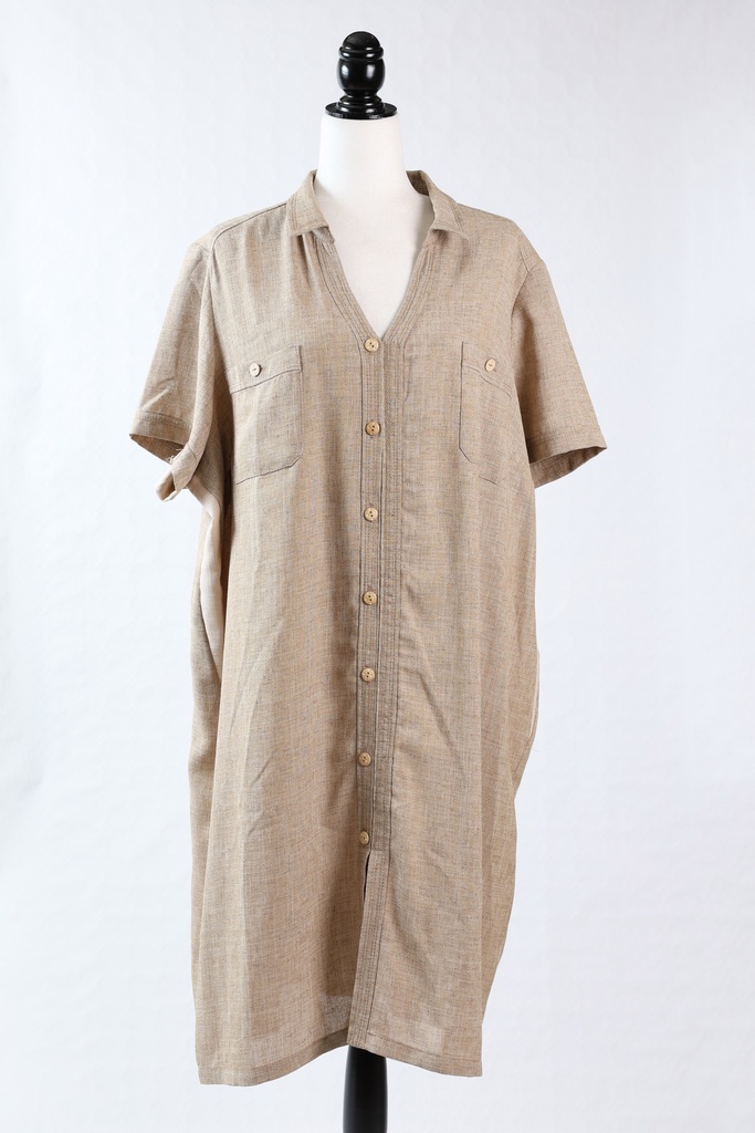 Vestido largo tipo camisero de lino marrón