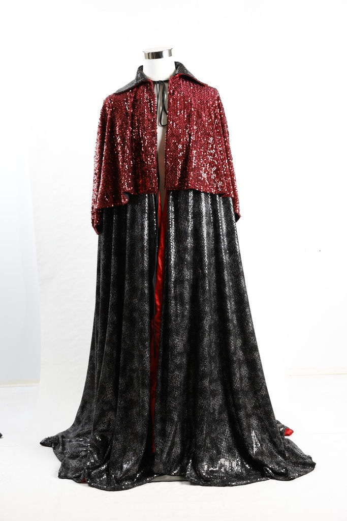 Capa larga lentejuela negro con capelina lentejuela rojo