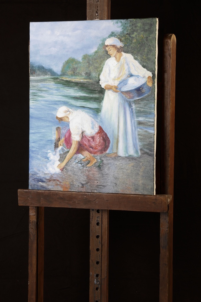 Lienzo pintado dos mujeres lavando en el río