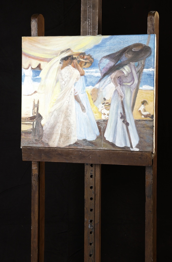 Lienzo pintado tres mujeres en la playa