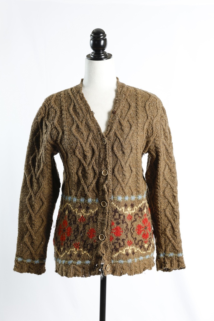 Chaqueta punto marrón dibujo colores azul, amarillo y rojo mujer