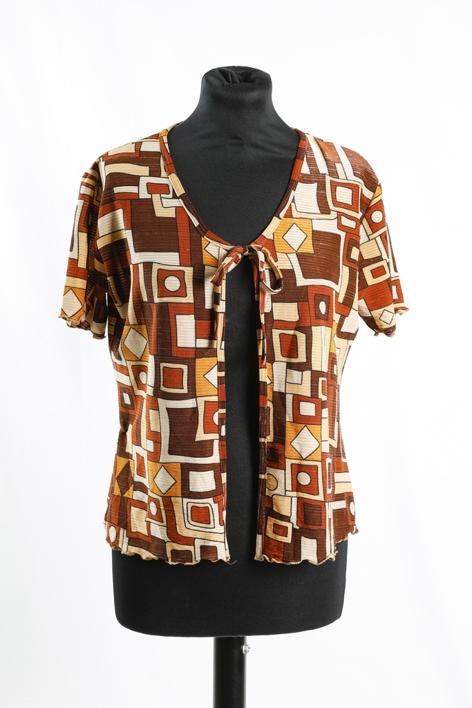 Blusa licra marrón estampado manga corta abierto delantero