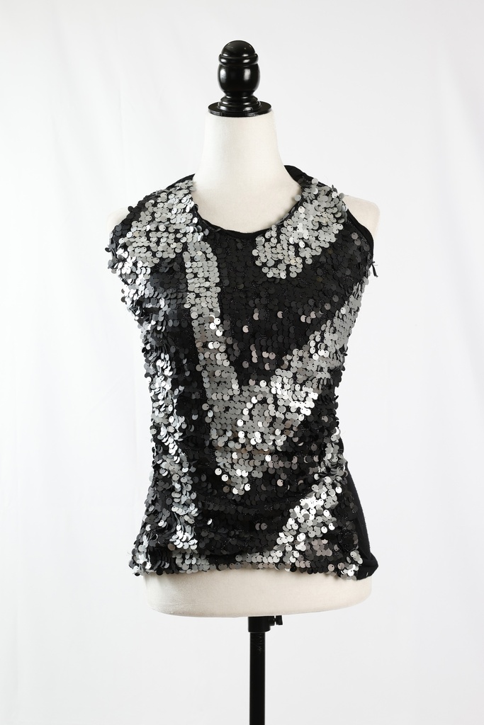 Camiseta tirantes cuello lentejuelas negro y plateado elástica