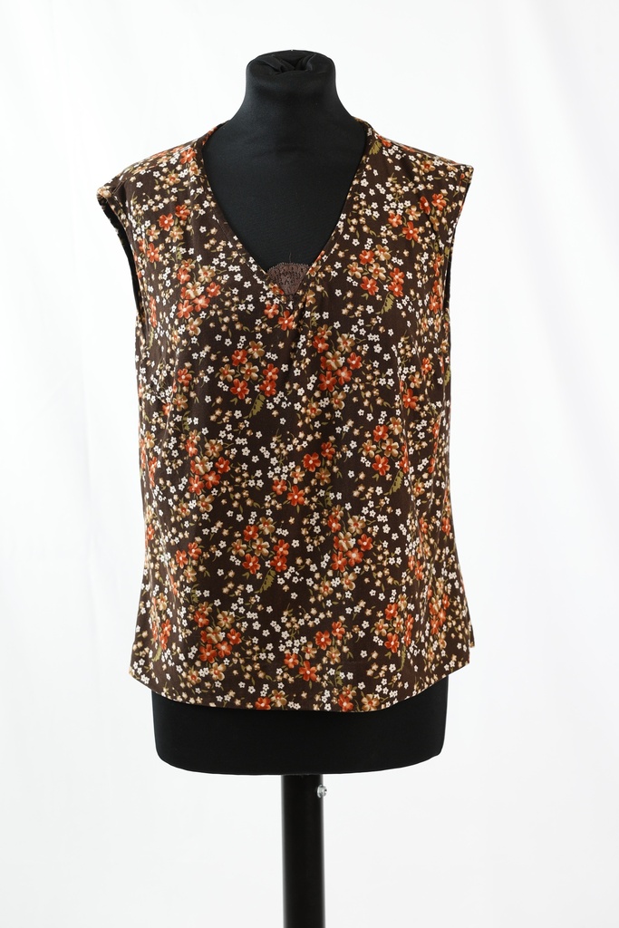 Camiseta sin mangas punto marrón estampado floral cuello pico