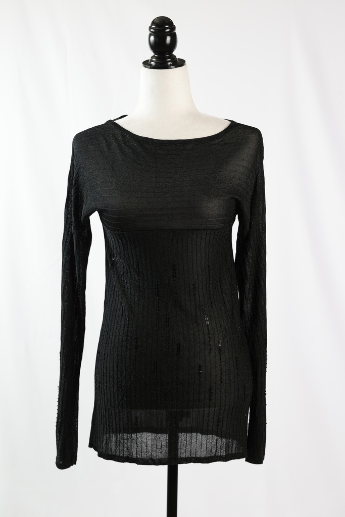 Camiseta punto canalé negro brillante detalles lentejuela escote barco