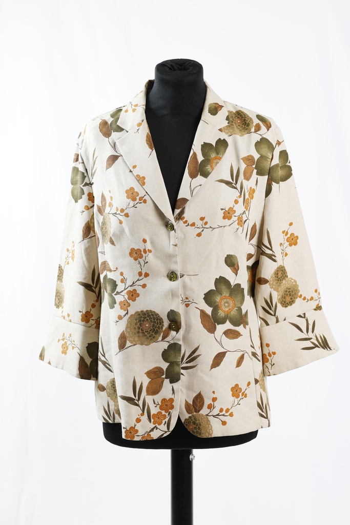 Americana lino camel estampado floral manga francesa