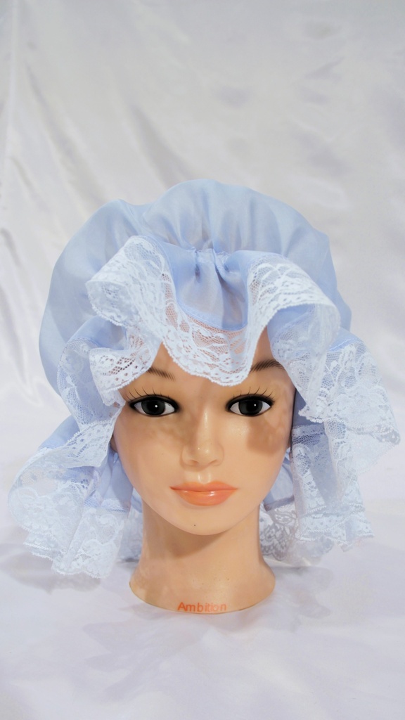 Cofia gasa azul con puntilla de encaje blanca