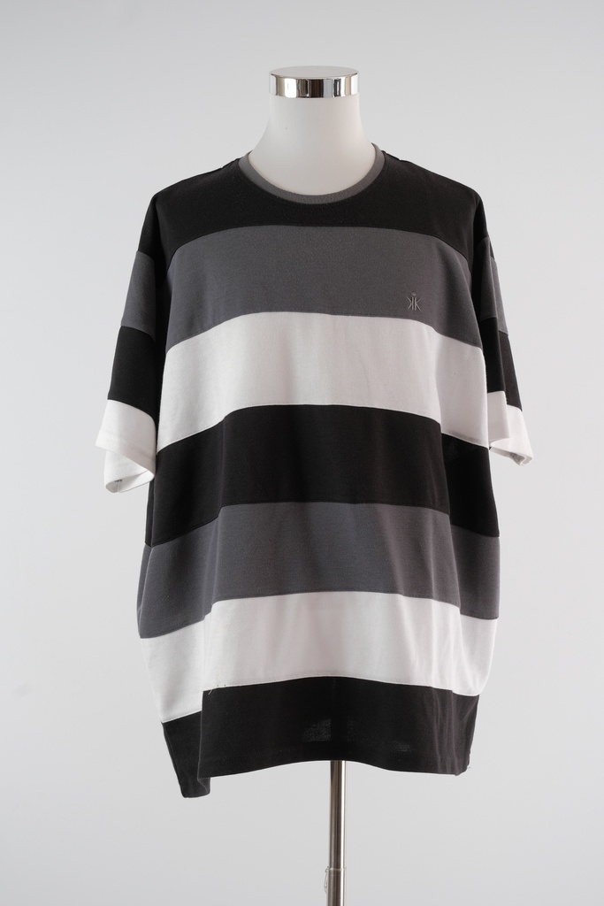 Camiseta cuello redondo rayas anchas negro,gris,blanco