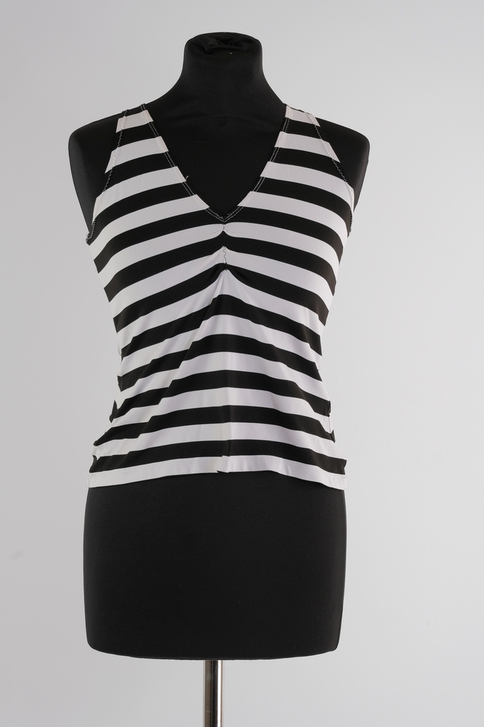 Camiseta cuello pico tirante rayas blanco y negro