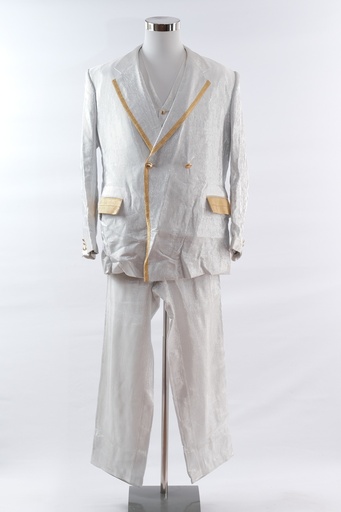 [OP01486] Traje de chaqueta plateado rayas ribete dorado+ pantalón+ chaleco