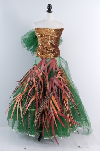 [OP02096] Cuerpo elástico lentejuela dorada + falda cancan con plumas colores madera