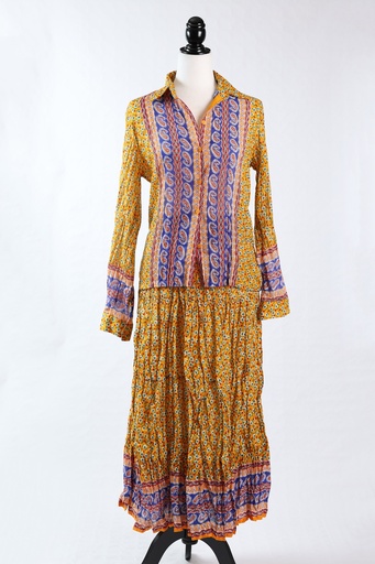 [OP03546] Conjunto Blusa y falda midi amarillo plisado flores