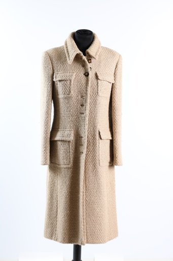 [OP03562] Abrigo de tweed camel bolsillos plastrón