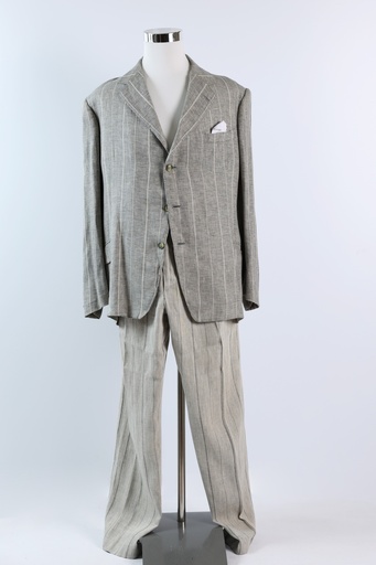 [OP03582] Traje de lino chaqueta gris con raya+pantalón beige con rayas