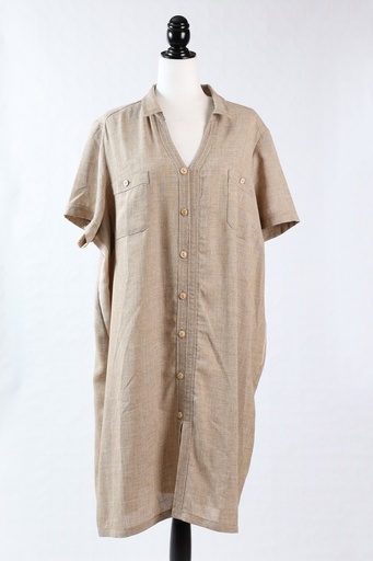 [OP03639] Vestido largo tipo camisero de lino marrón