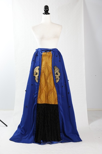 [OP04294] Falda+sobrefalda unidas azul con brocado mostaza (D.Anna)