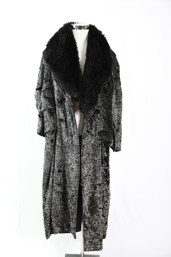 [OP04582] Abrigo largo jaspeado negro y gris con pelo negro en cuello