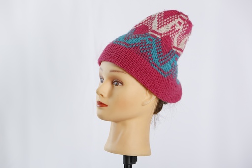 [OP04626] Gorro lana rosa dibujo verde y crudo