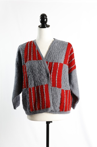 [OP04878] Chaqueta punto cruzado gris cuadros rojo mujer