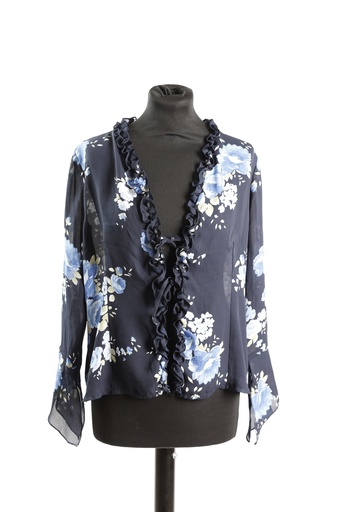 [OP04919] Blusa seda azul estampada manga larga volante cuello y delantero
