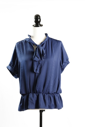 [OP04922] Blusa satén manga corta azul oscuro lazo en el cuello, volantes cintura