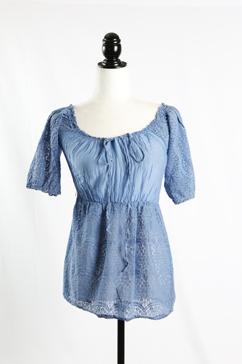 [OP04926] Blusa escote barco azul guipur, elástico bajo pecho manga corta