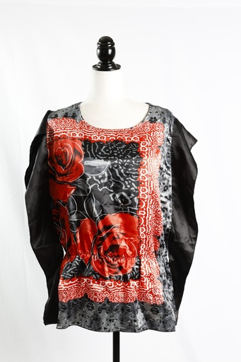 [OP04928] Blusa manga murciélago seda negro y rojo