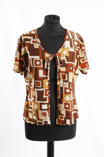 [OP04929] Blusa licra marrón estampado manga corta abierto delantero
