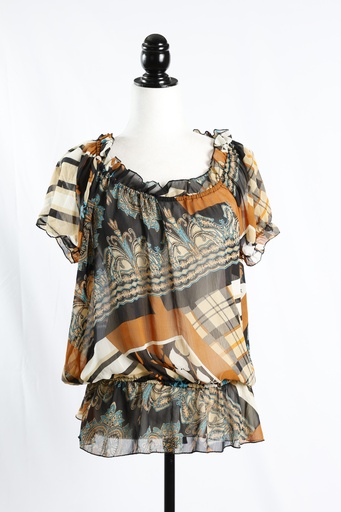 [OP04930] Blusa marrón estampada cuello y cintura elástico tafeta