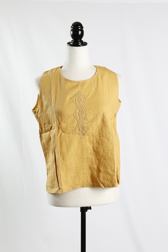 [OP04936] Blusa lino sin mangas amarillo con bordado en pecho