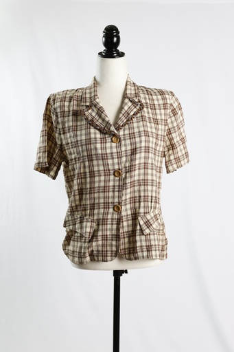 [OP04951] Camisa marrón cuadros manga corta botones bolsillos plastrón