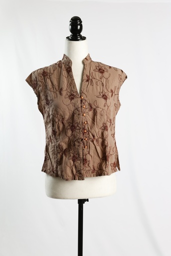 [OP04955] Camisa marrón brocado flores manga corta botones