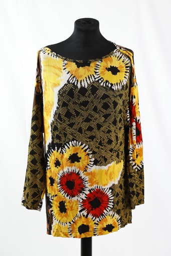 [OP05133] Camiseta elástica cuello barco manga francesa estampada amarillo, negro rojo