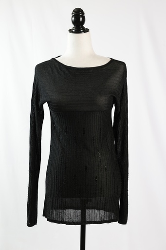 [OP05139] Camiseta punto canalé negro brillante detalles lentejuela escote barco
