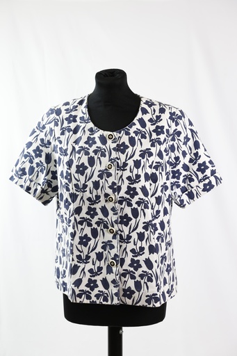 [OP05192] Americana piqué blanco estampado flores azules, cuello redondo manga corta