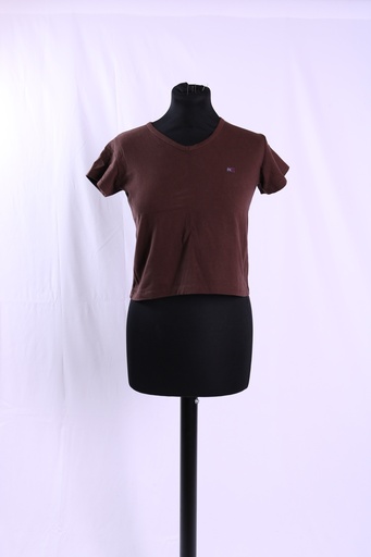 [OP05347] Camiseta de algodón marrón manga corta cuello pico