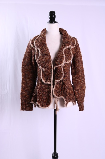 [OP05361] Chaqueta de punto marrón jaspeado con volantes en la solapa