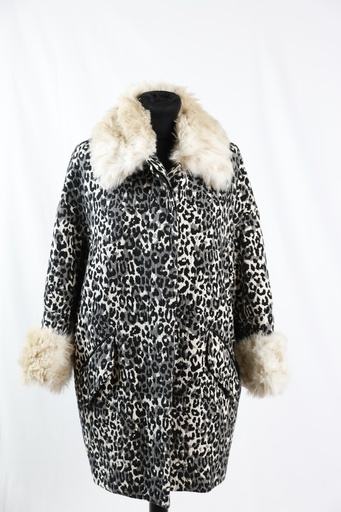 [OP05366] Abrigo blanco y negro leopardo con pelo en cuello y puños