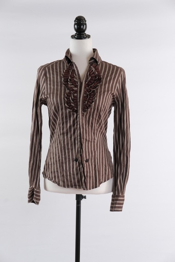 [OP02117] Camisa a rayas entallada marrón oscuro chorreras